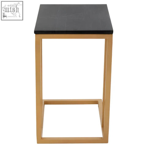Black square top side table with black marble top and gold finish frame for stylish living room decor