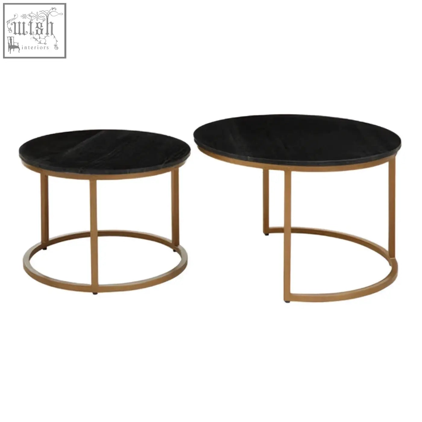 Set of two black marble top modern coffee tables with gold-toned metal frames for stylish living rooms