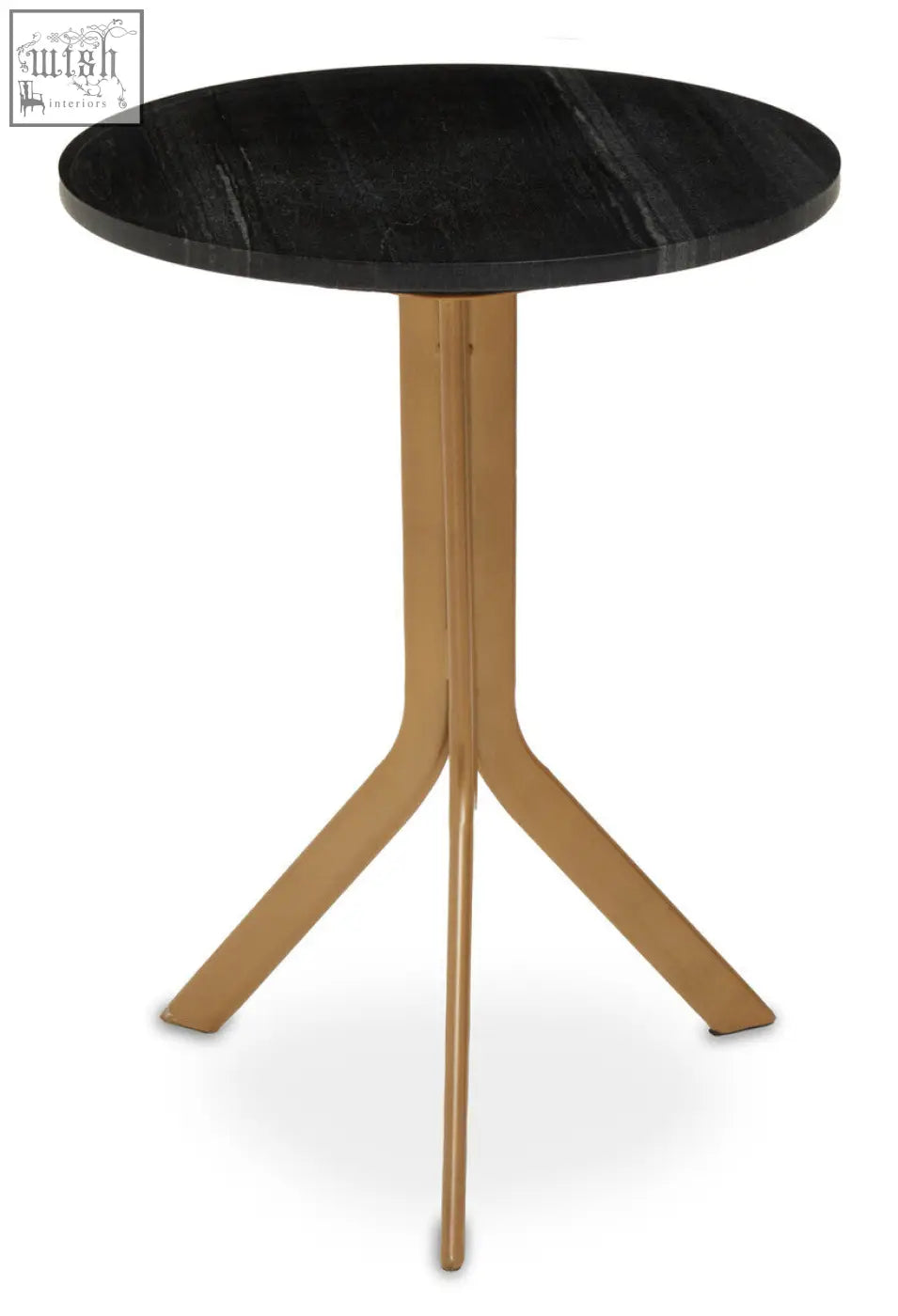 Varana round black marble top table with a sleek gold-tone metal base perfect for stylish side storage