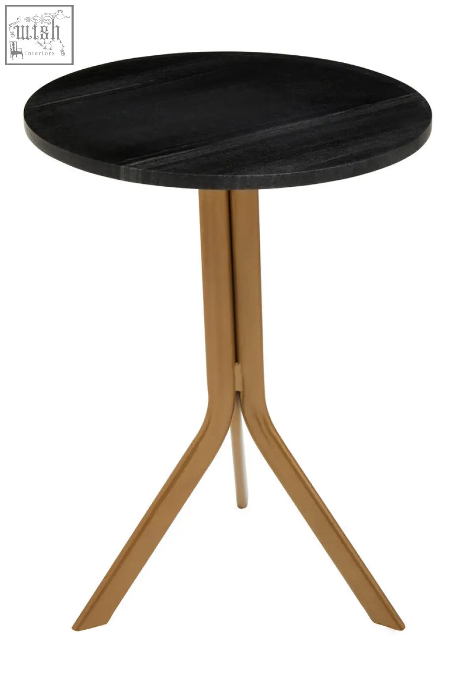 Varana round black marble top table with sleek gold toned metal base and round black marble surface