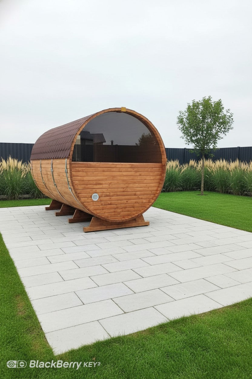 Steam & Oak Gas Barrel Sauna 3m Canopy + Anteroom (Electric or Wood-Fired)
