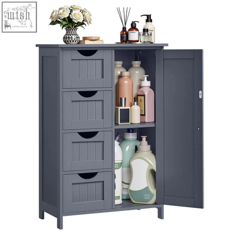 Gray wooden vasagle bathroom cabinet with four drawers and adjustable shelf showing toiletries inside an open door