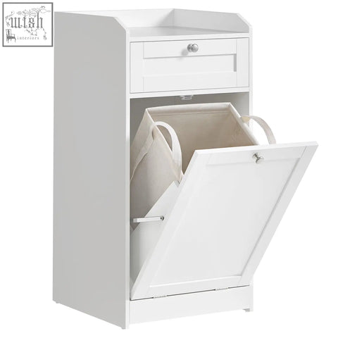 White wooden vasagle bathroom cabinet with laundry basket, drawer on top, and open door showing beige bins inside storage unit