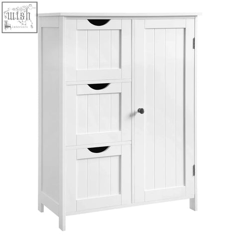 White wooden vasagle bathroom storage unit with 3 drawers, 1 door, adjustable shelf, and black oval handles