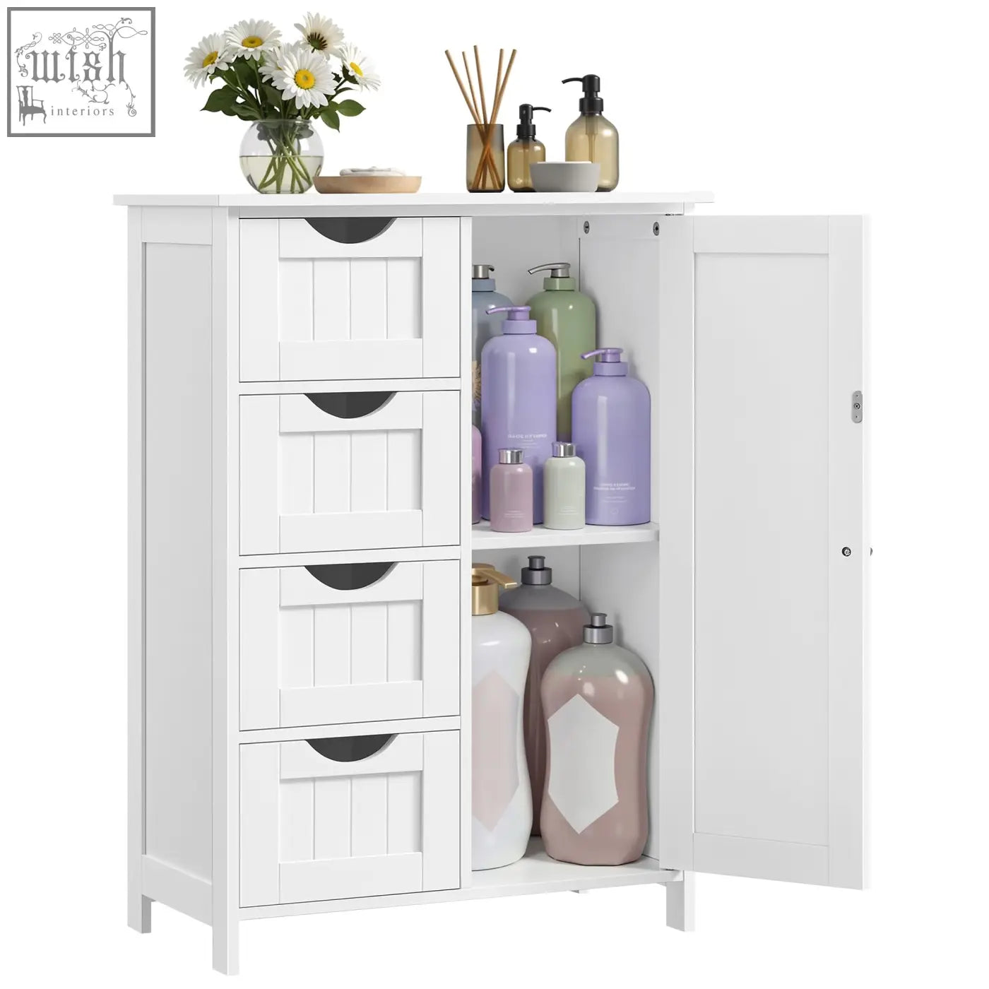 White vasagle bathroom floor storage cabinet with four drawers one open door black handles and adjustable shelf