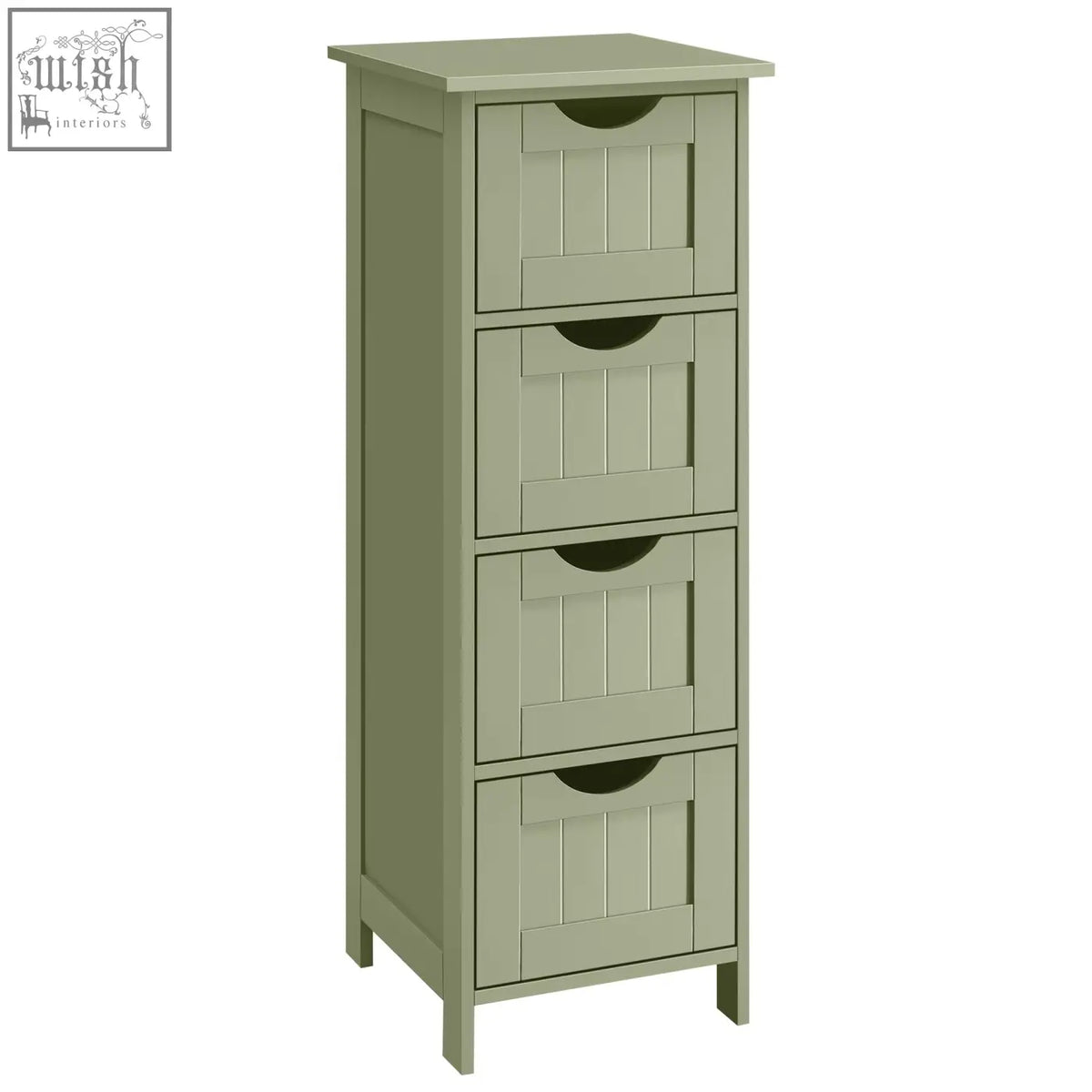 Vasagle tall olive green wooden bathroom storage unit with 4 drawers and black curved handles for bathroom storage