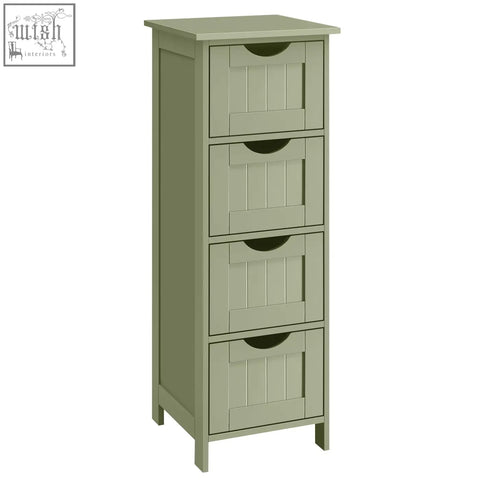 Vasagle tall olive green wooden bathroom storage unit with 4 drawers and black curved handles for bathroom storage