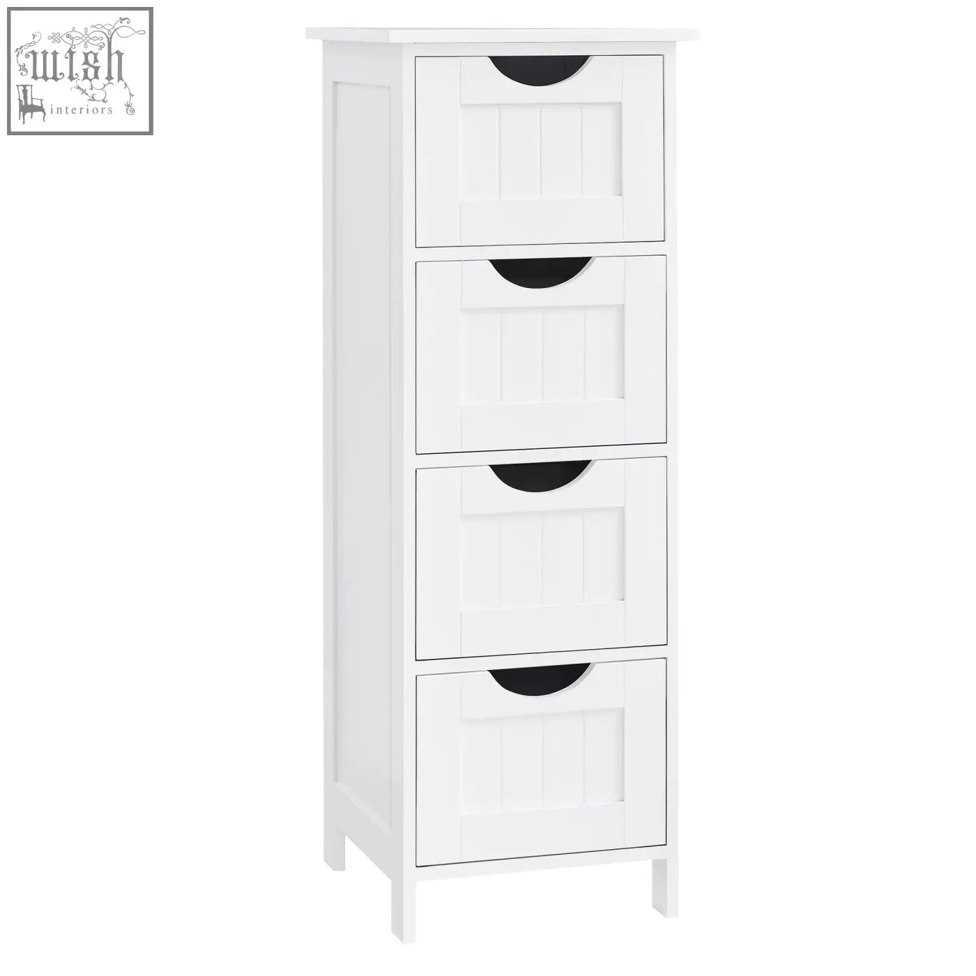 White wooden bathroom cabinet with four drawers and black handles freestanding storage cabinet for bathroom storage