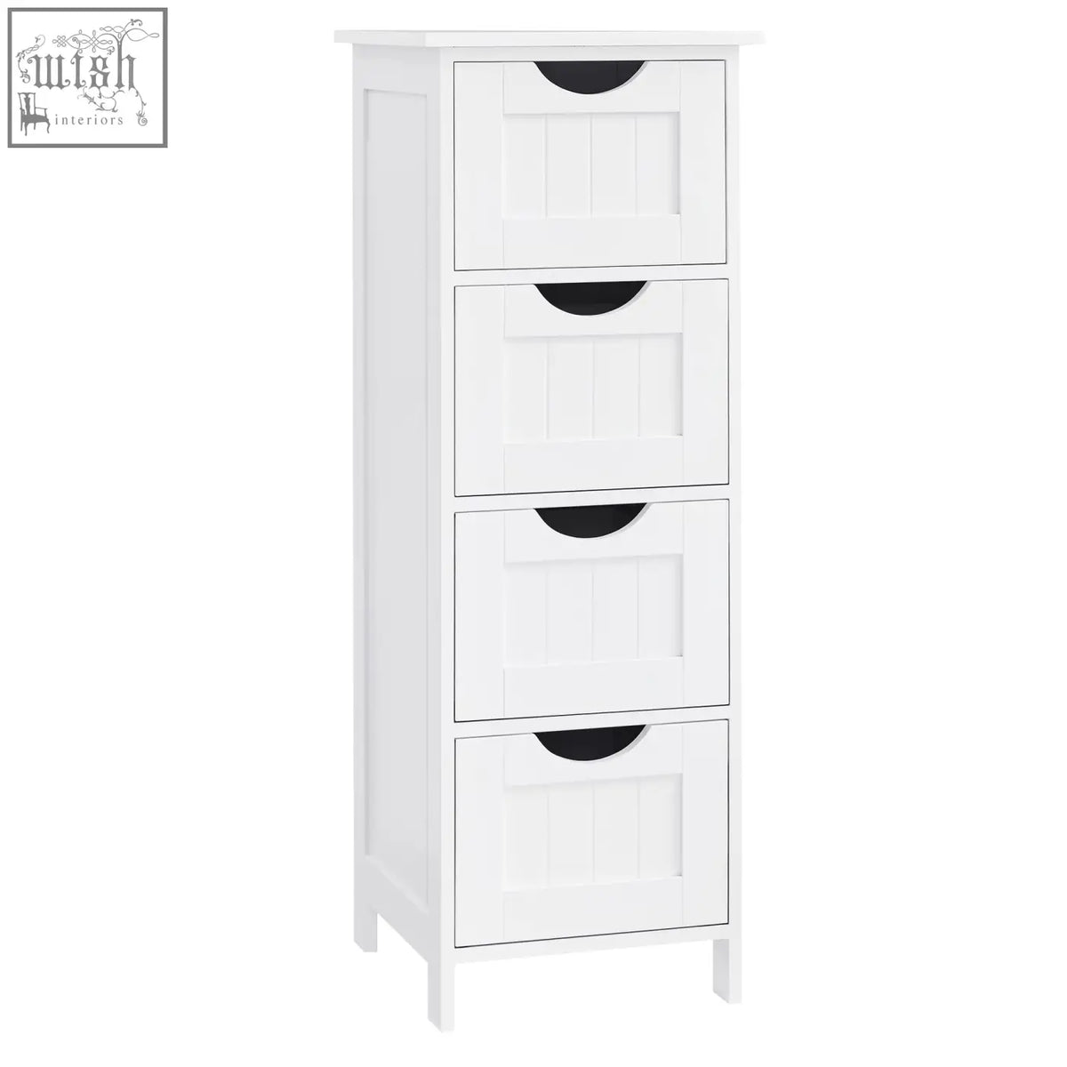 White wooden bathroom cabinet with four drawers and black handles freestanding storage cabinet for bathroom storage