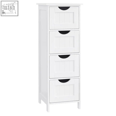 White wooden bathroom cabinet with four drawers and black handles freestanding storage cabinet for bathroom storage