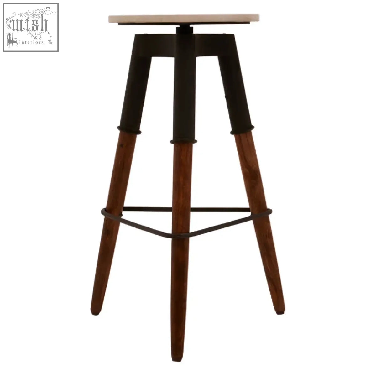 Industrial-style leg bar stool with light wood top black metal frame and dark brown wooden legs perfect for bars