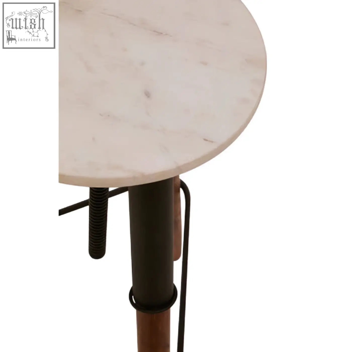 Vasco 3 leg bar stool with a round light beige marble top and sleek black metal base leg bar stool design