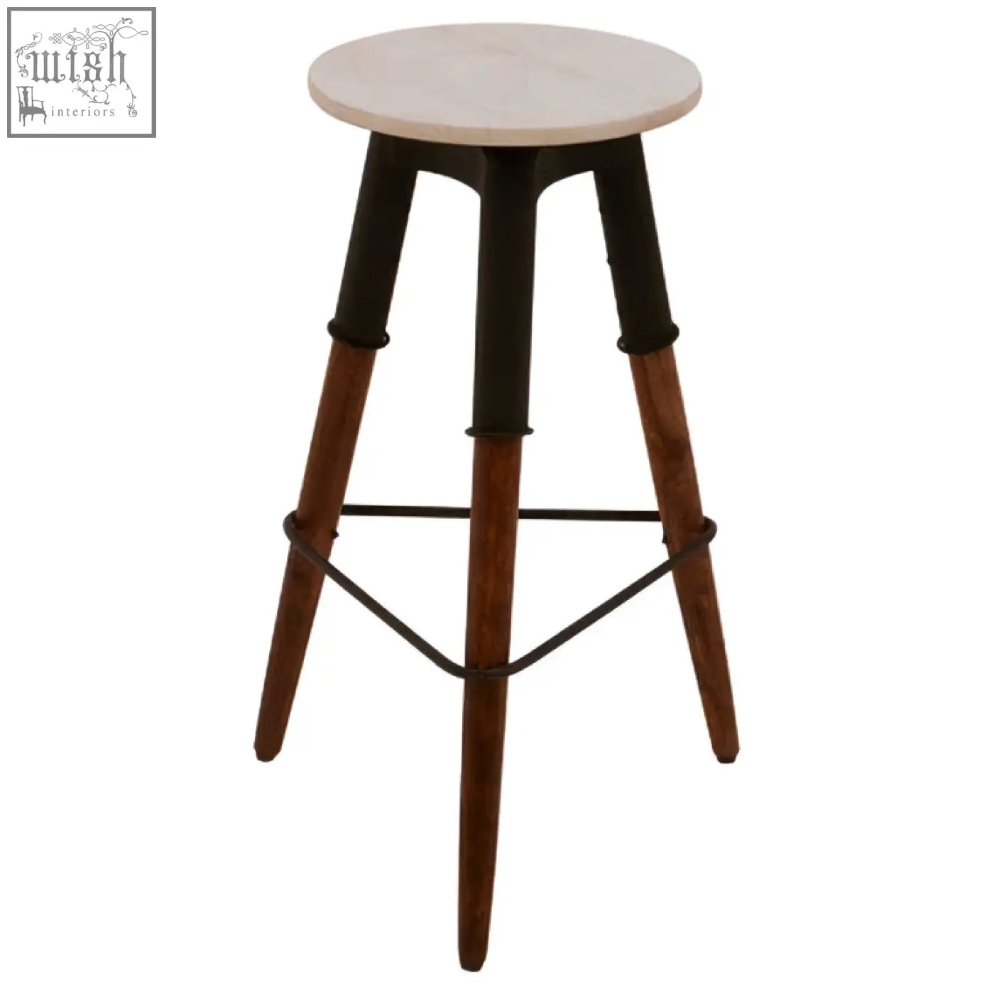 Vasco 3 leg bar stool with round white marble top and tapered wooden legs with black metal supports