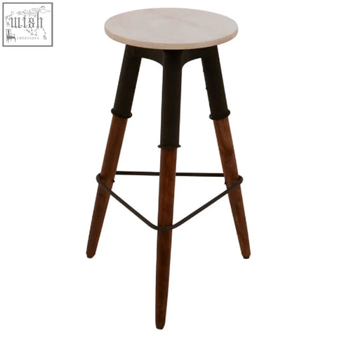 Vasco 3 leg bar stool with round white marble top and tapered wooden legs with black metal supports