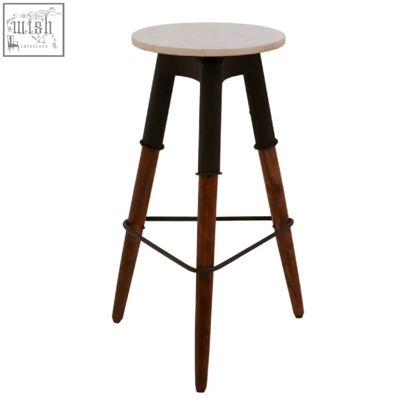 Vasco 3 leg bar stool with marble top featuring a sleek white marble seat and black metal legs with brown wooden accents