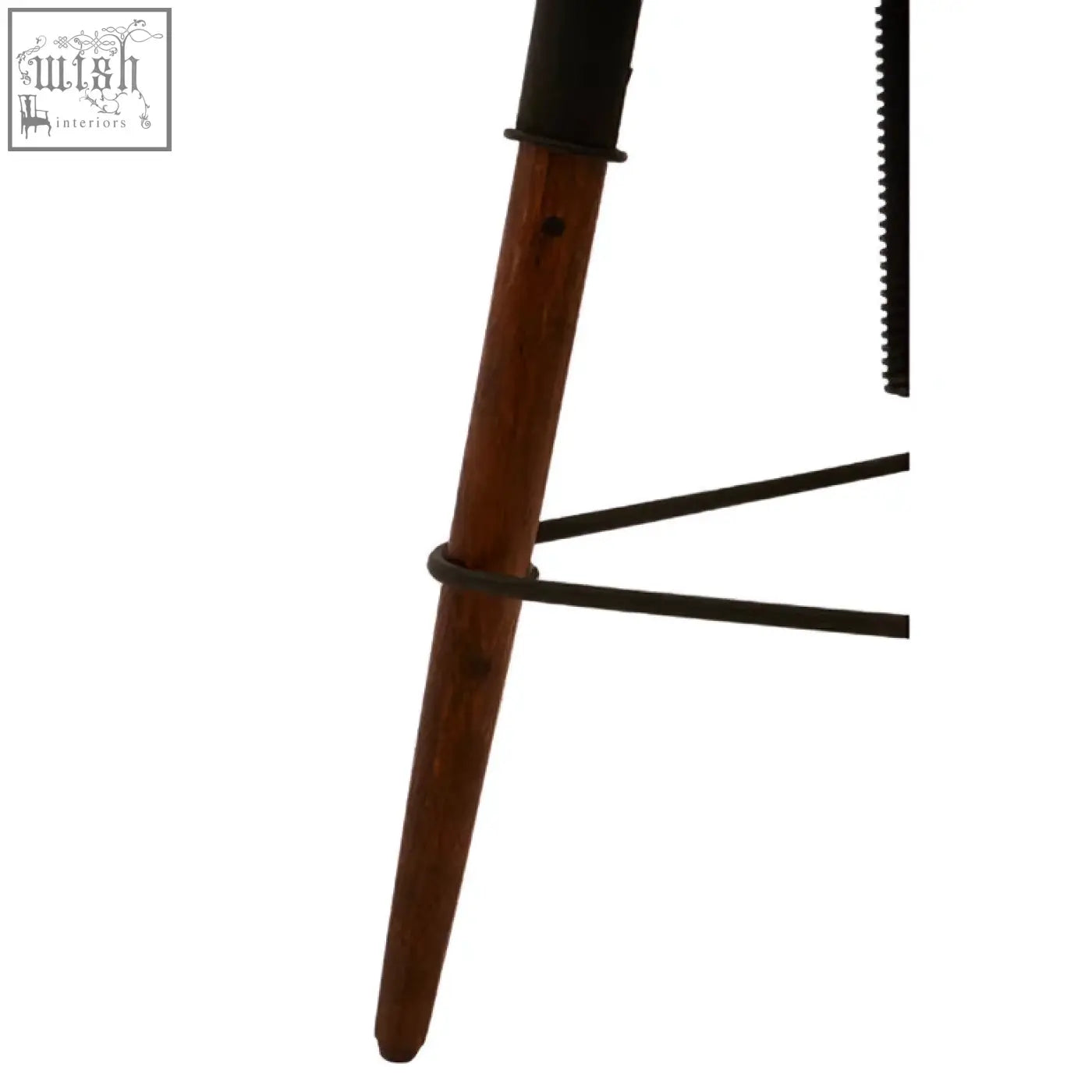 A sleek wooden leg bar stool with black metal band and natural wood grain finish featuring three slender legs