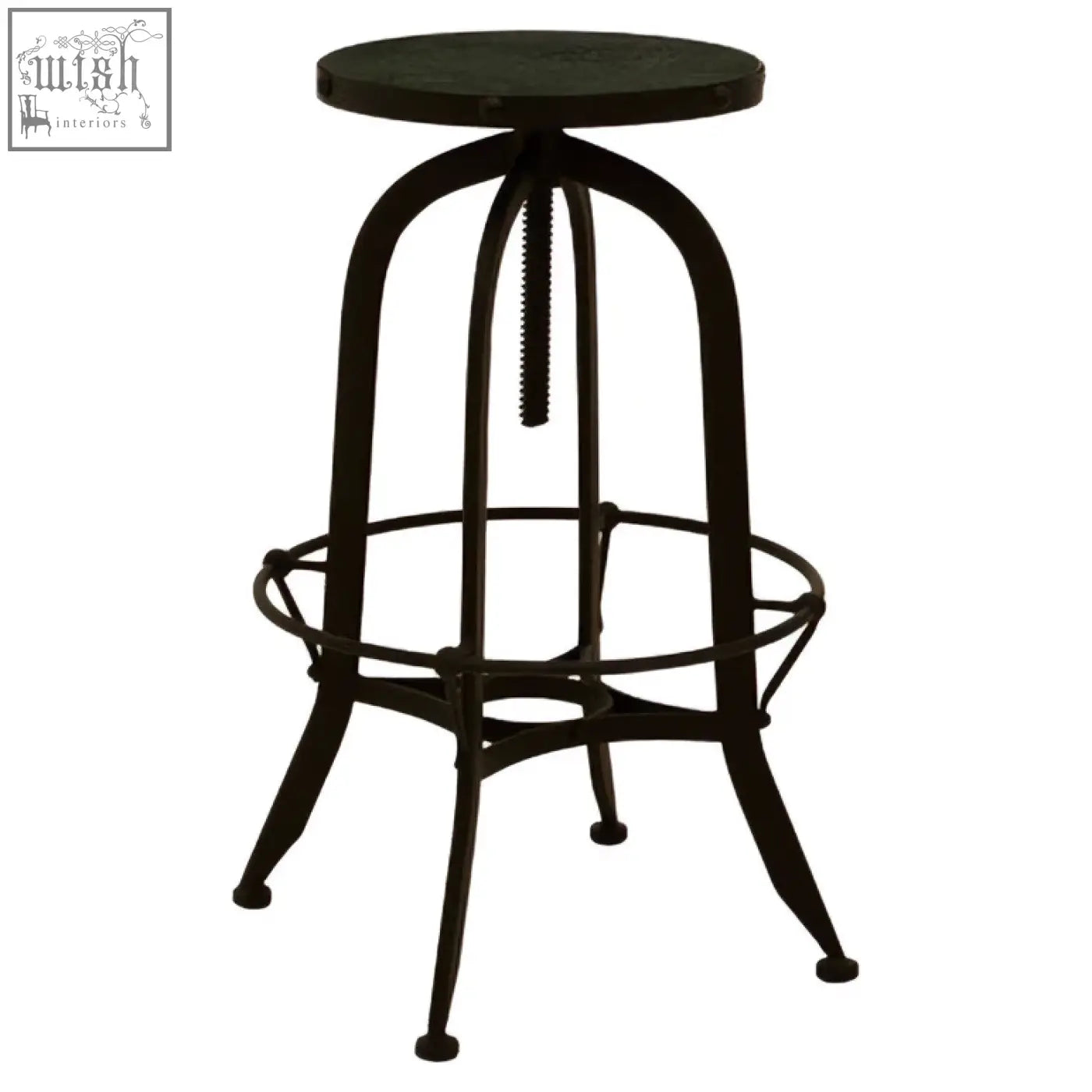 Vasco black and green finish bar stool with black wrought iron frame and adjustable height circular seat finish bar stool