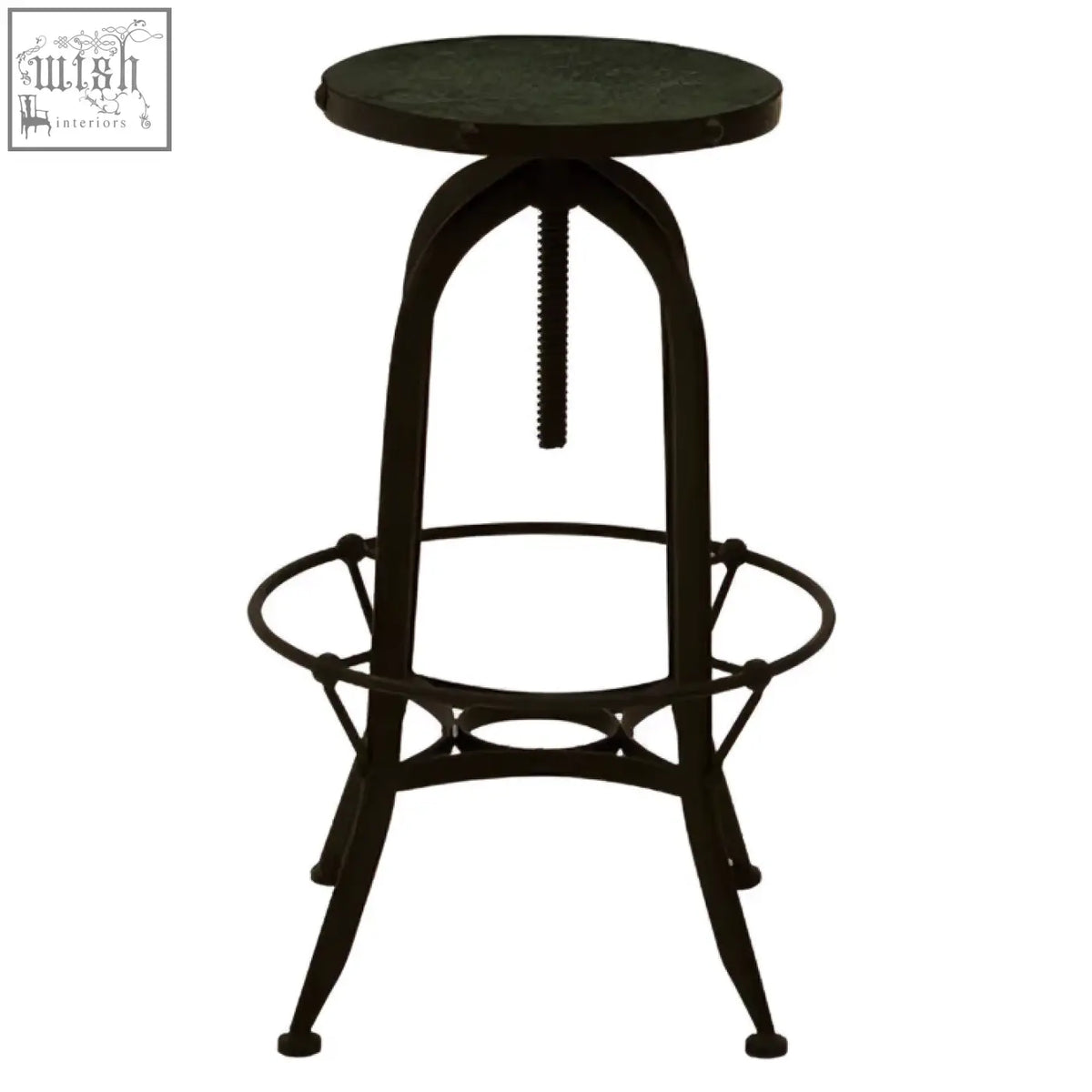 Black wrought iron vasco black and green finish bar stool with round textured seat and adjustable height mechanism