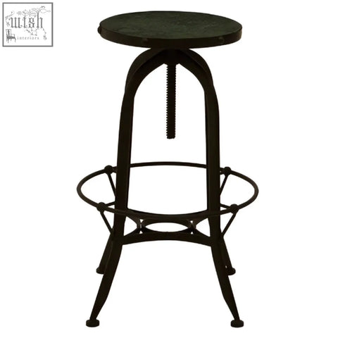 Black wrought iron vasco black and green finish bar stool with round textured seat and adjustable height mechanism
