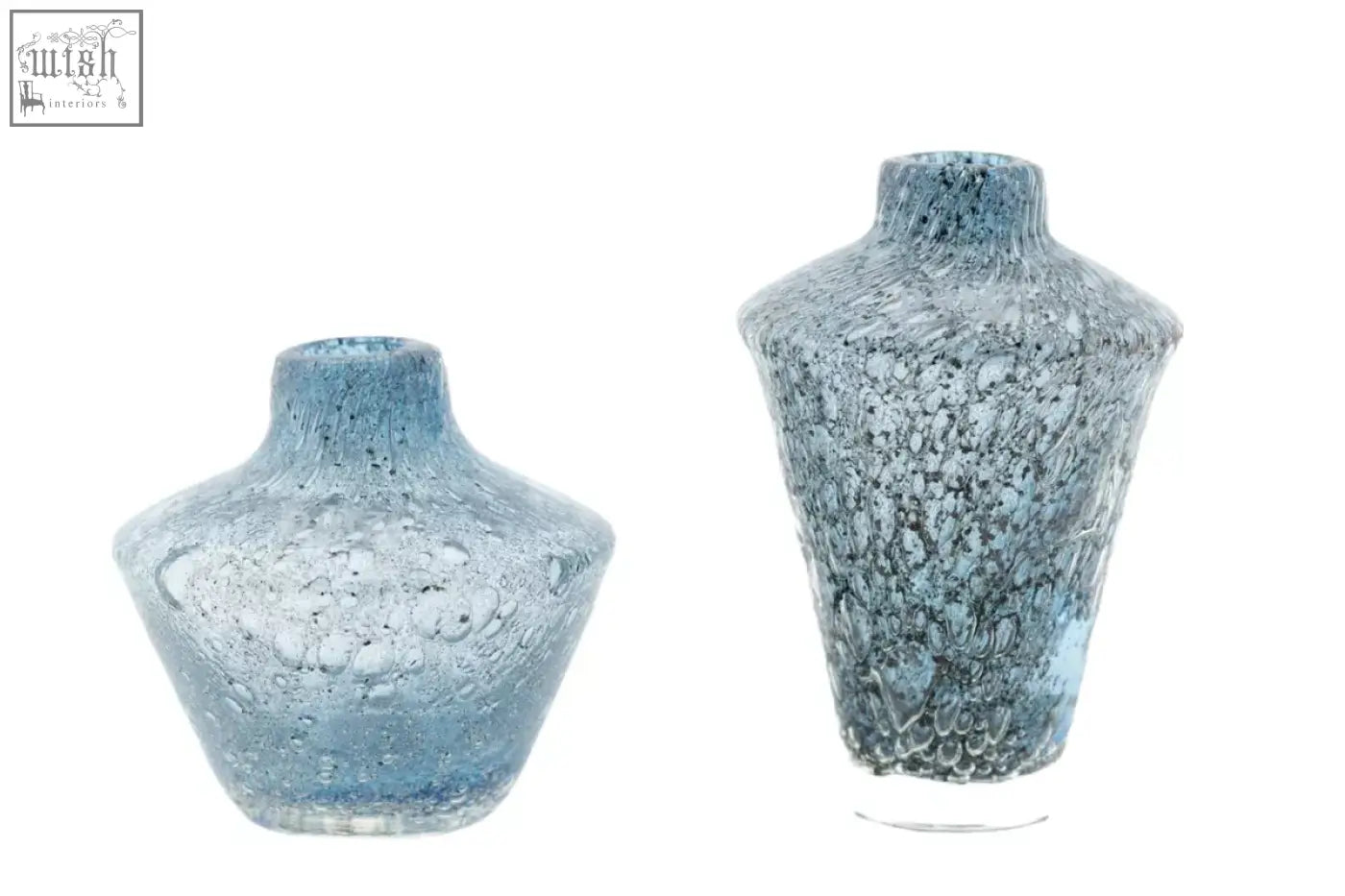 Two translucent blue mouth blown glass vases from dutz collection with textured bubble surface and dark speckles