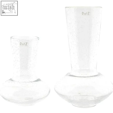 Clear textured bubbly glass vase from dutz collection mouth blown glass with dutz logo near the rim