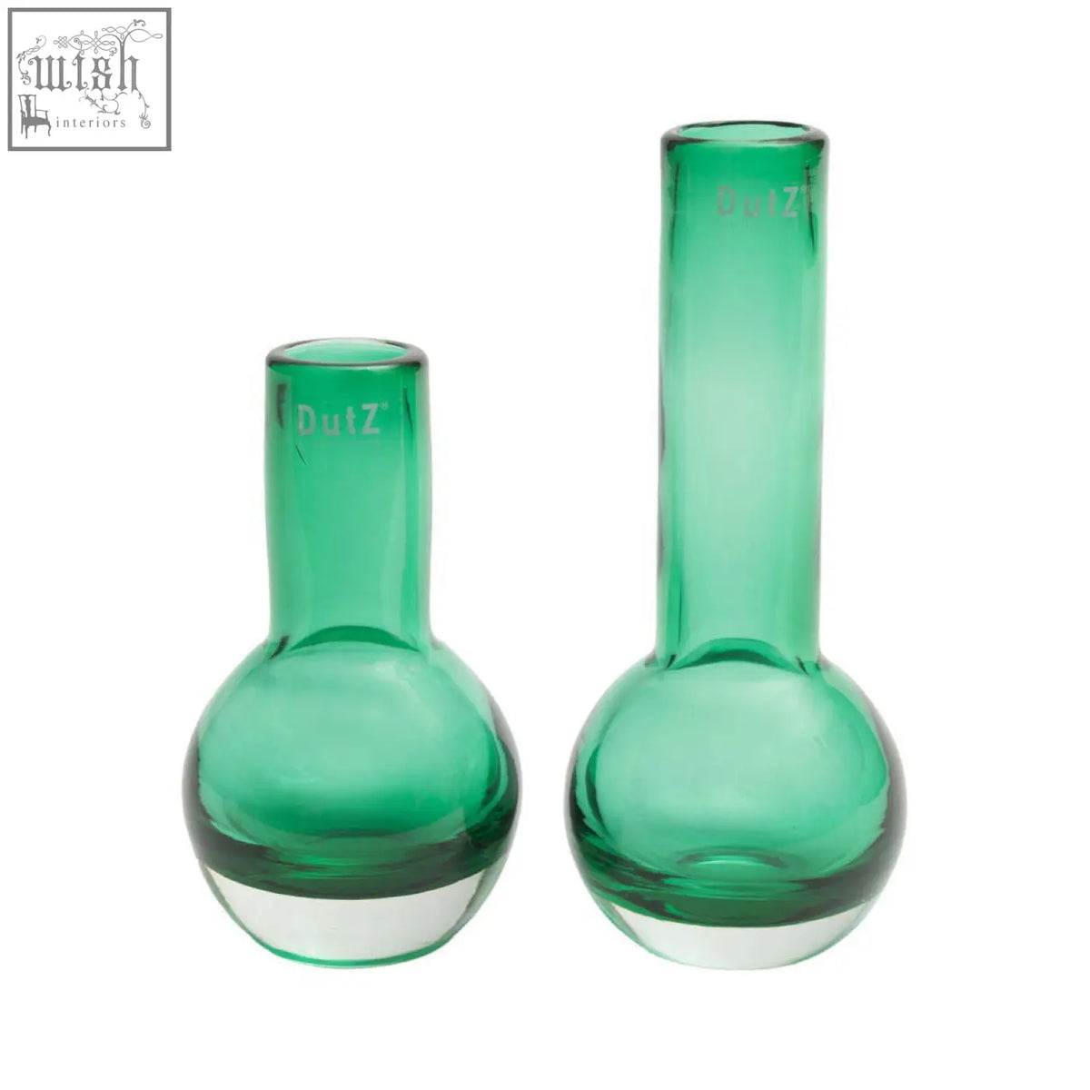 Two emerald green vase masa from dutz collection mouth blown glass with rounded base and slender neck and dulz branding
