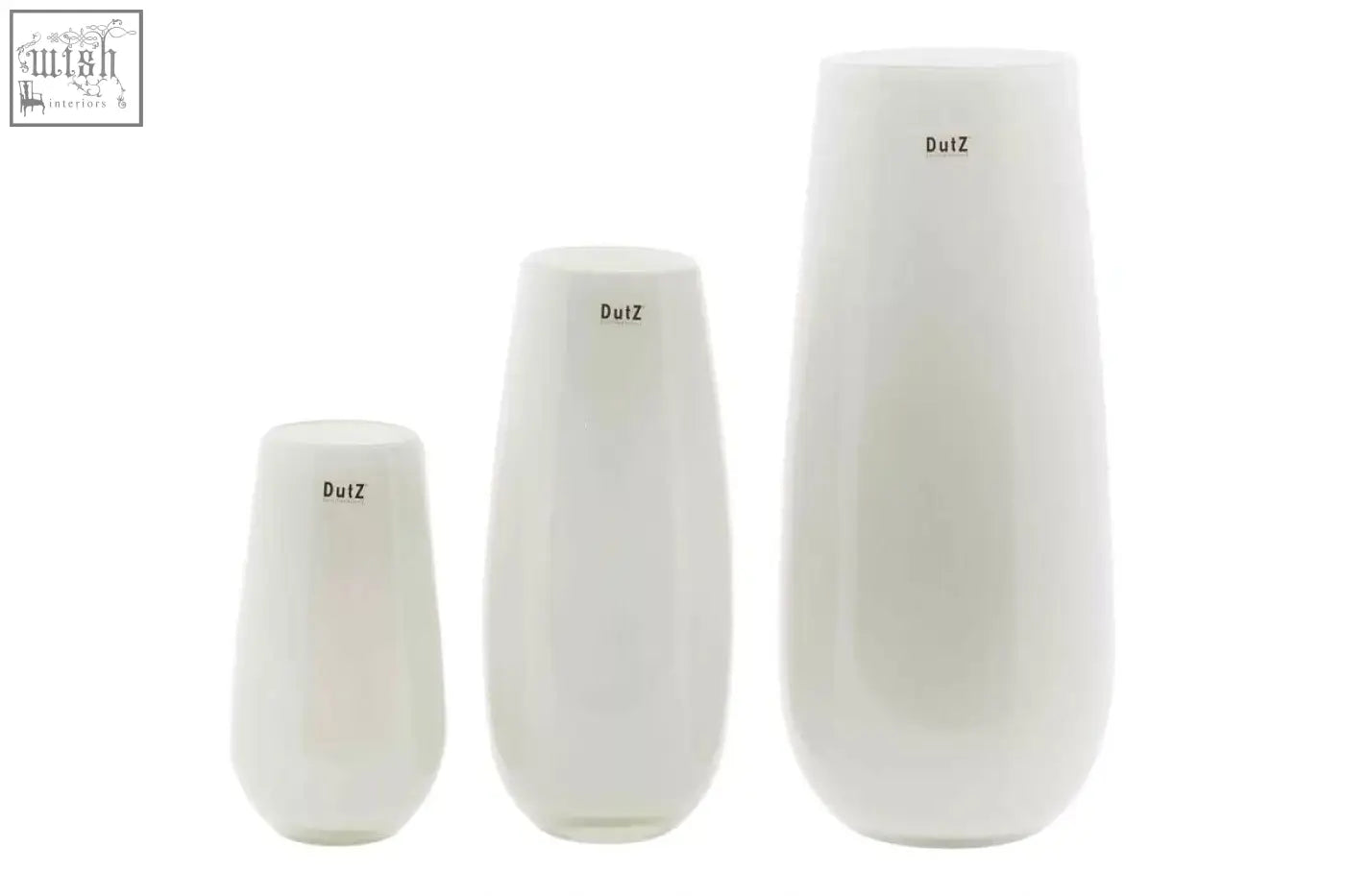 Set of three white frosted mouth blown glass vases with sleek modern design from the dutz collection