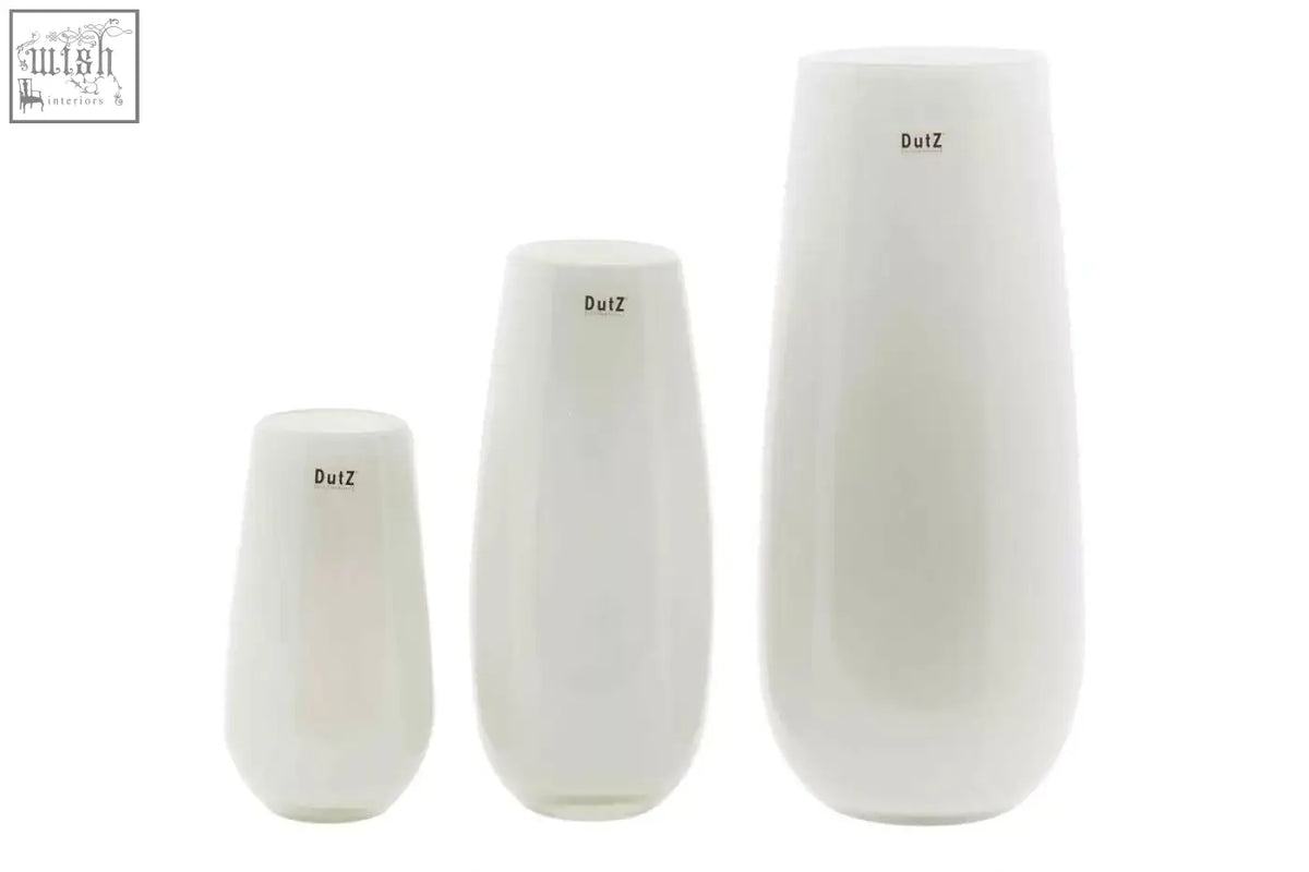 Set of three white frosted mouth blown glass vases with sleek modern design from the dutz collection