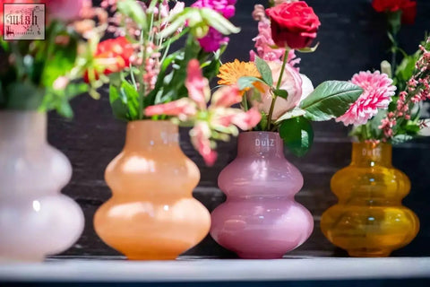 Pastel-colored translucent mouth blown glass vase skryszow s with stacked gourd shape from dutz collection flamingo