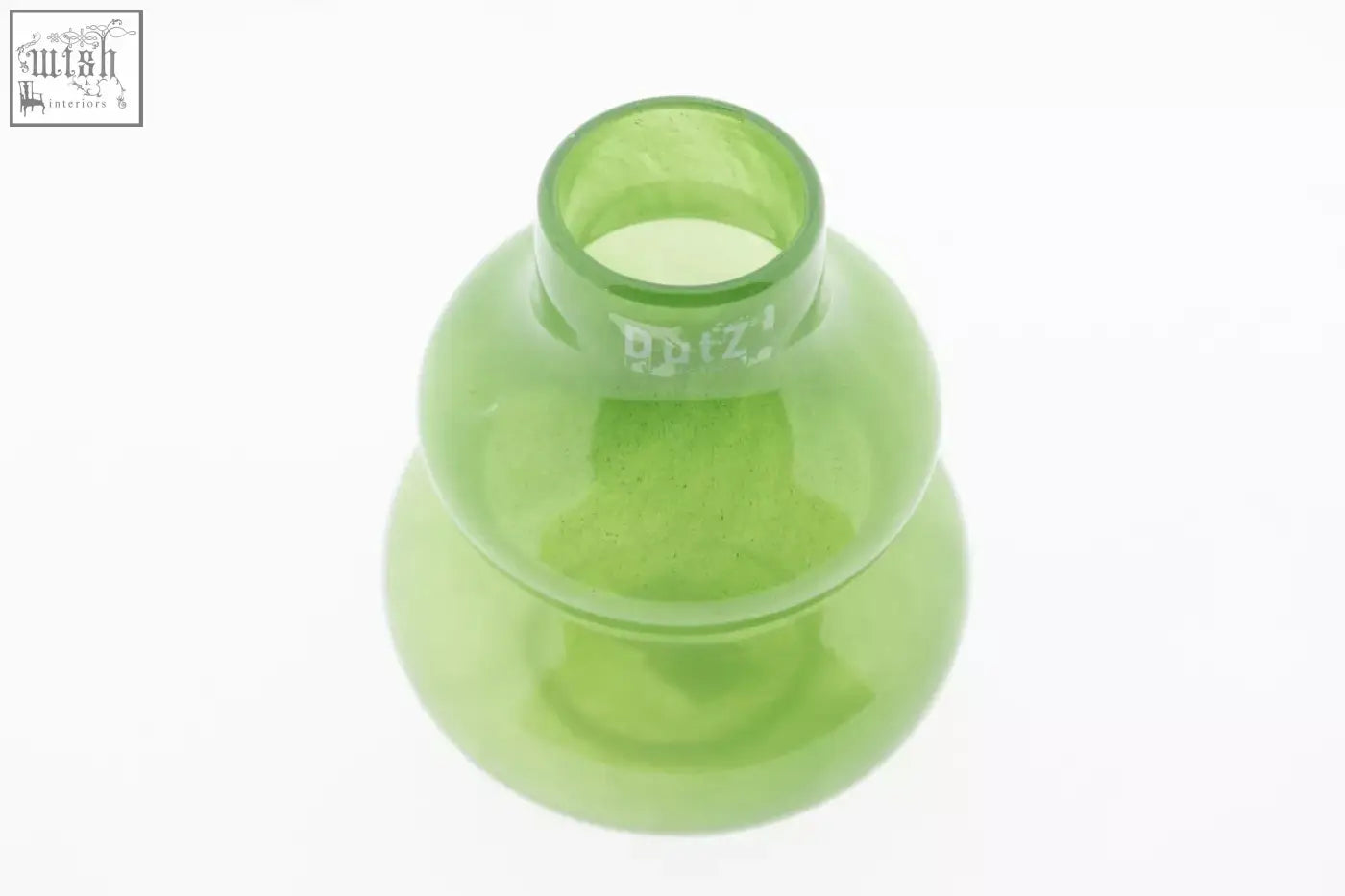 A mouth blown green glass vase from dutz collection with a bulbous, tiered shape and narrow neck, 16 cm tall