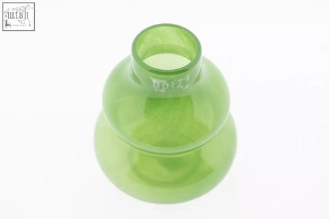 A mouth blown green glass vase from dutz collection with a bulbous, tiered shape and narrow neck, 16 cm tall