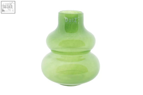 A translucent lime green mouth blown glass vase from dutz collection with double gourd shape and etched duz brand name