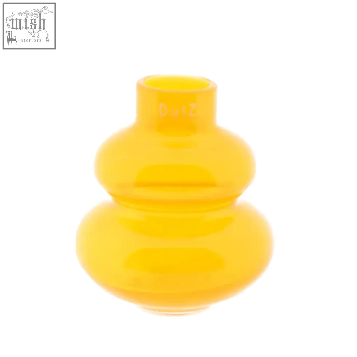 A translucent orange mouth blown glass vase from the dutz collection with stacked rounded design and etched dutz logo