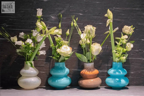 Four stacked-gourd mouth blown glass vases in white teal terracotta and turquoise from dutz collection smoke series