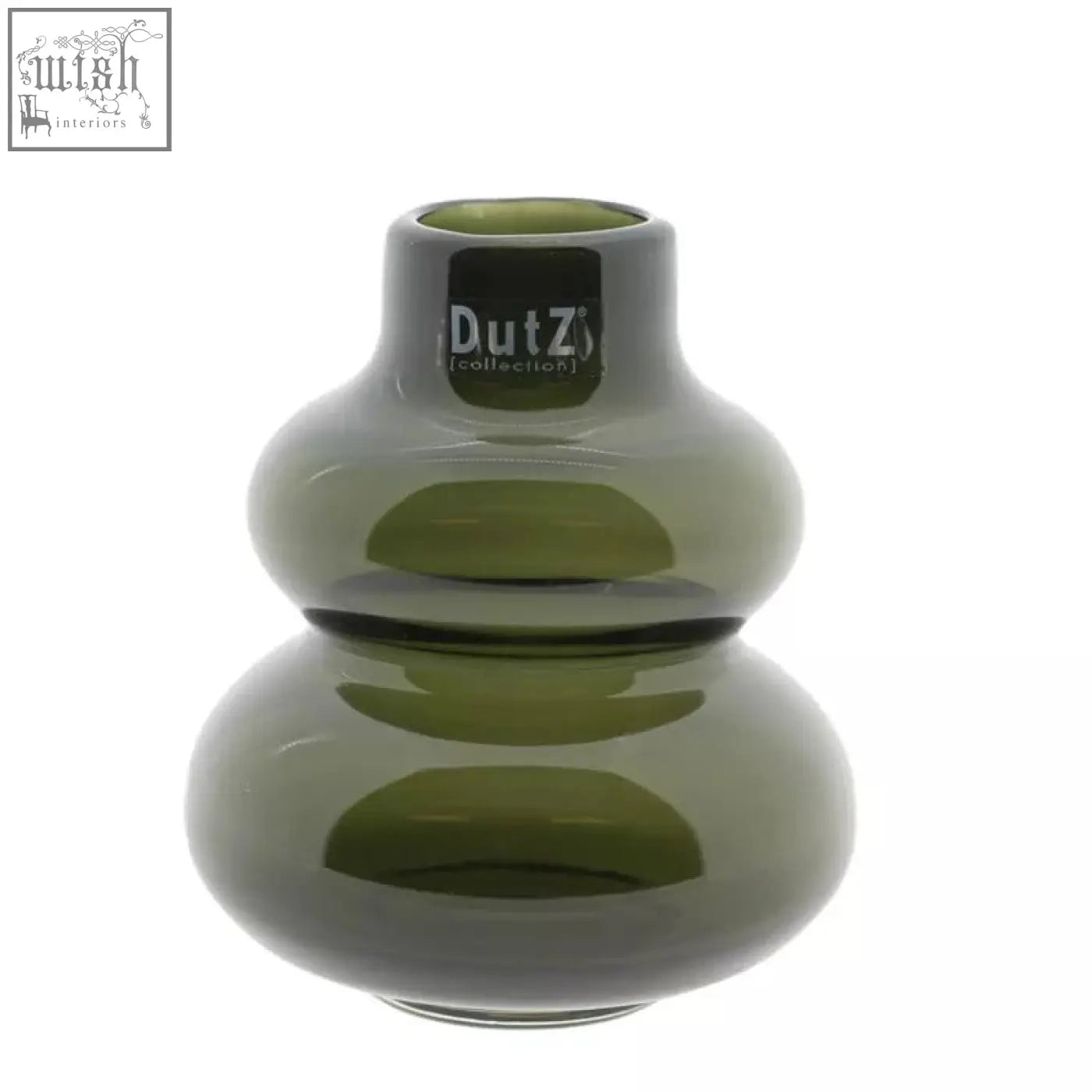Olive-green mouth blown glass vase from dutz collection with sleek segmented design 16 cm tall smoke finish