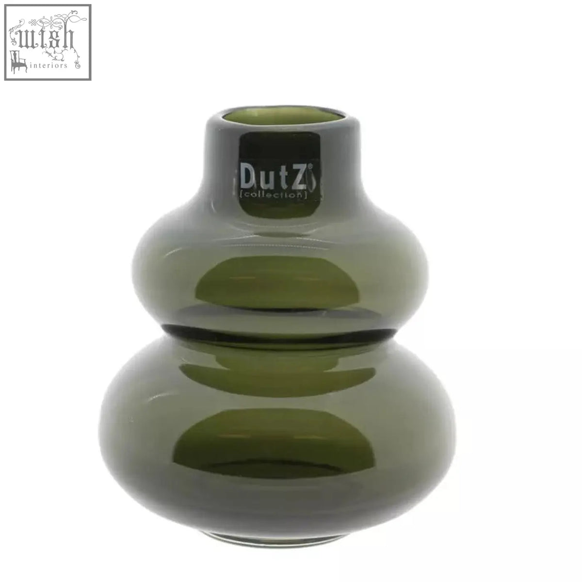 Olive-green mouth blown glass vase from dutz collection with sleek segmented design 16 cm tall smoke finish
