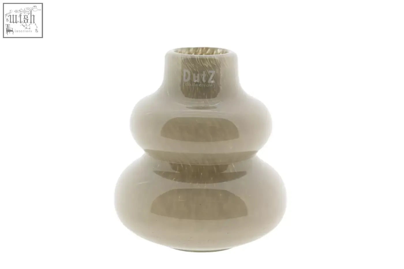 A sleek taupe mouth blown glass vase skrzyszow s with double gourd shape and dutz collection branding near neck