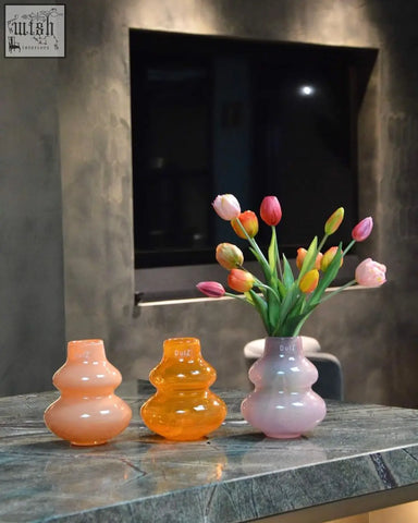 Three mouth blown glass vases from dutz collection in peach orange and pink taupe double gourd shape 16 cm tall