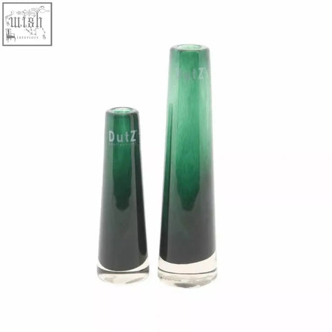 Two sleek dark green solifleur budvases from dutz collection made of mouth blown gradient glass with dark base