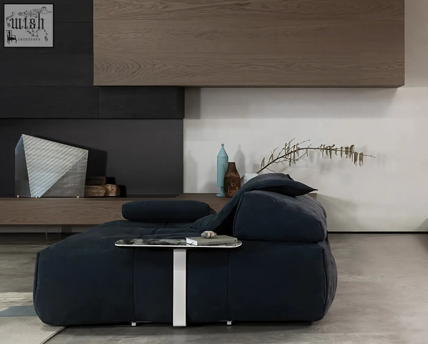 Dark blue real leather vasquez three seater corner sofa with modular design and integrated side table perfect for shipping cost savings