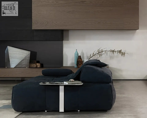 Dark blue real leather vasquez three seater corner sofa with modular design and integrated side table perfect for shipping cost savings