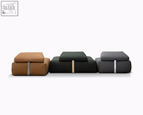 Three modern minimalist ottomans in tan black and gray fabric with metallic straps for vasquez real leather corner sofa shipping cost info
