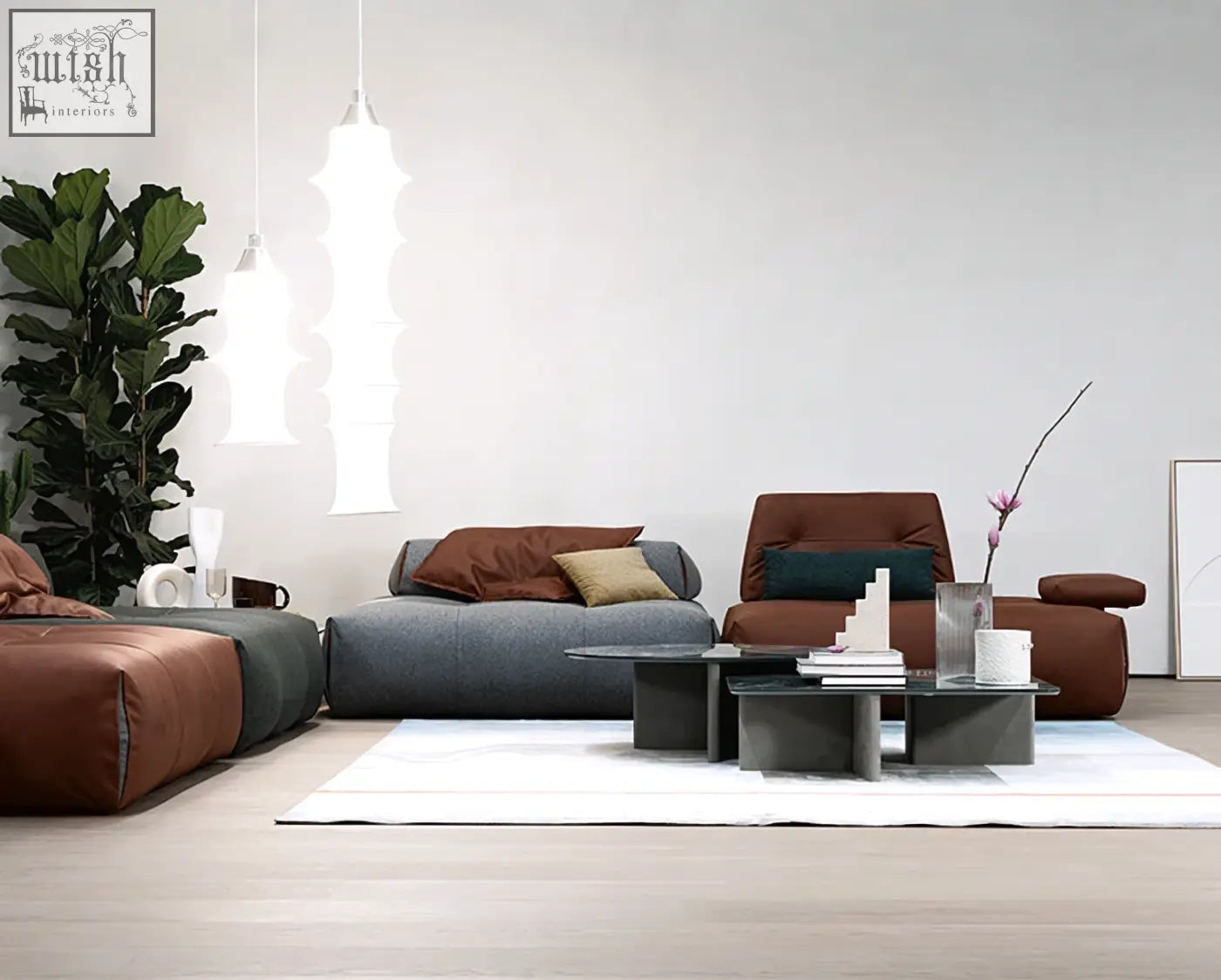 Modern minimalist vasquez three seater corner sofa in gray and brown real leather with earthy throw pillows and low shipping cost