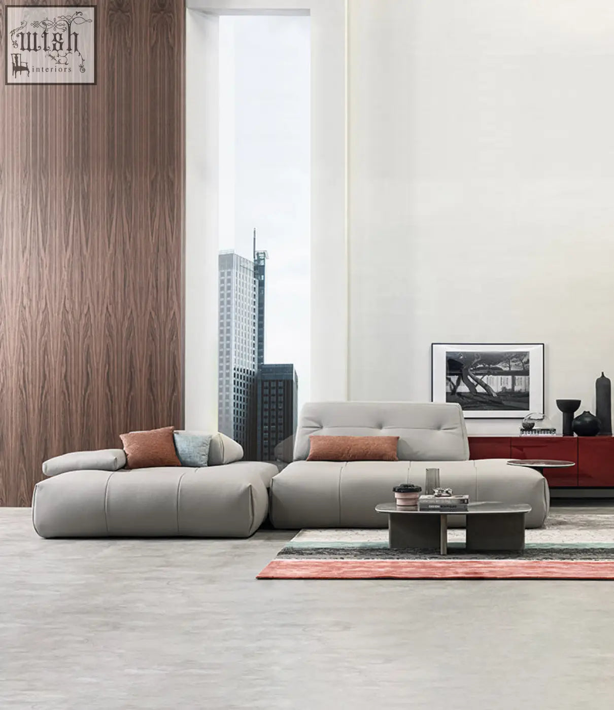Modern gray vasquez three seater corner sofa with real leather and plush cushions plus earth toned pillows shipping cost included
