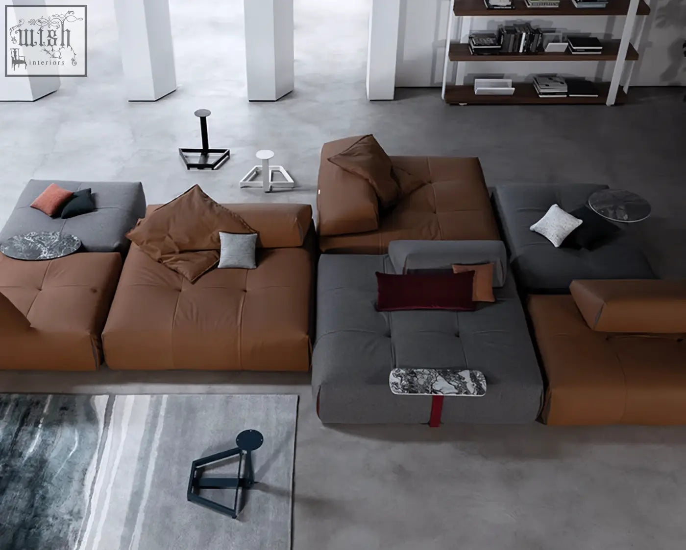 Vasquez three seater corner sofa in tan and gray real leather with tufted cushions and mixed pillows and shipping cost info