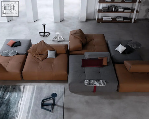 Vasquez three seater corner sofa in tan and gray real leather with tufted cushions and mixed pillows and shipping cost info