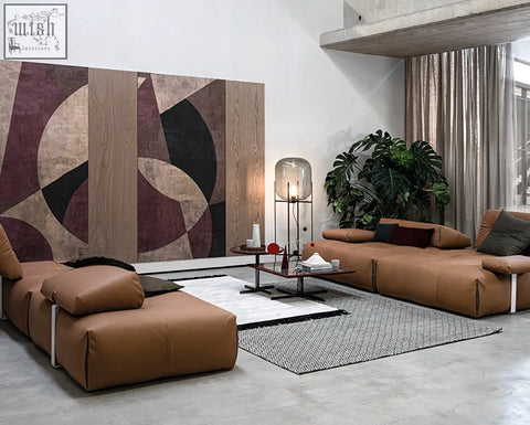 Tan leather vasquez three seater corner sofa with sleek metal legs and dark throw pillows real leather shipping cost info
