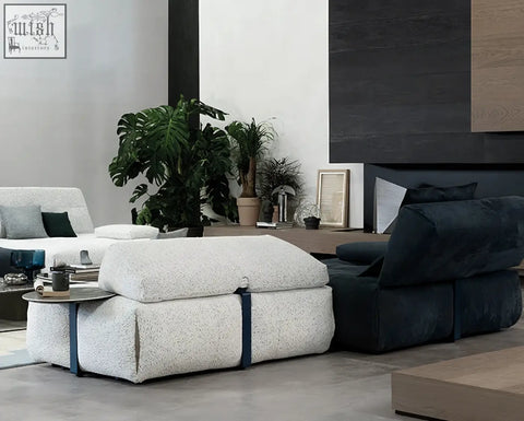 Textured white ottoman with navy blue straps part of vasquez three seater corner sofa in real leather with shipping cost info