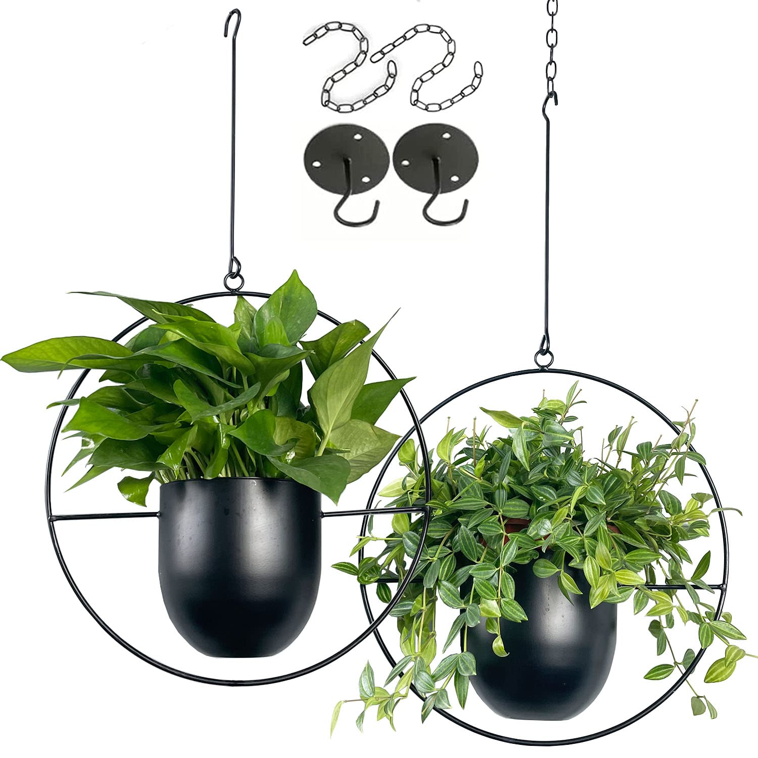 Vdyxew black metal hanging planters with circular frames and matte pots for indoor and outdoor hanging flower use