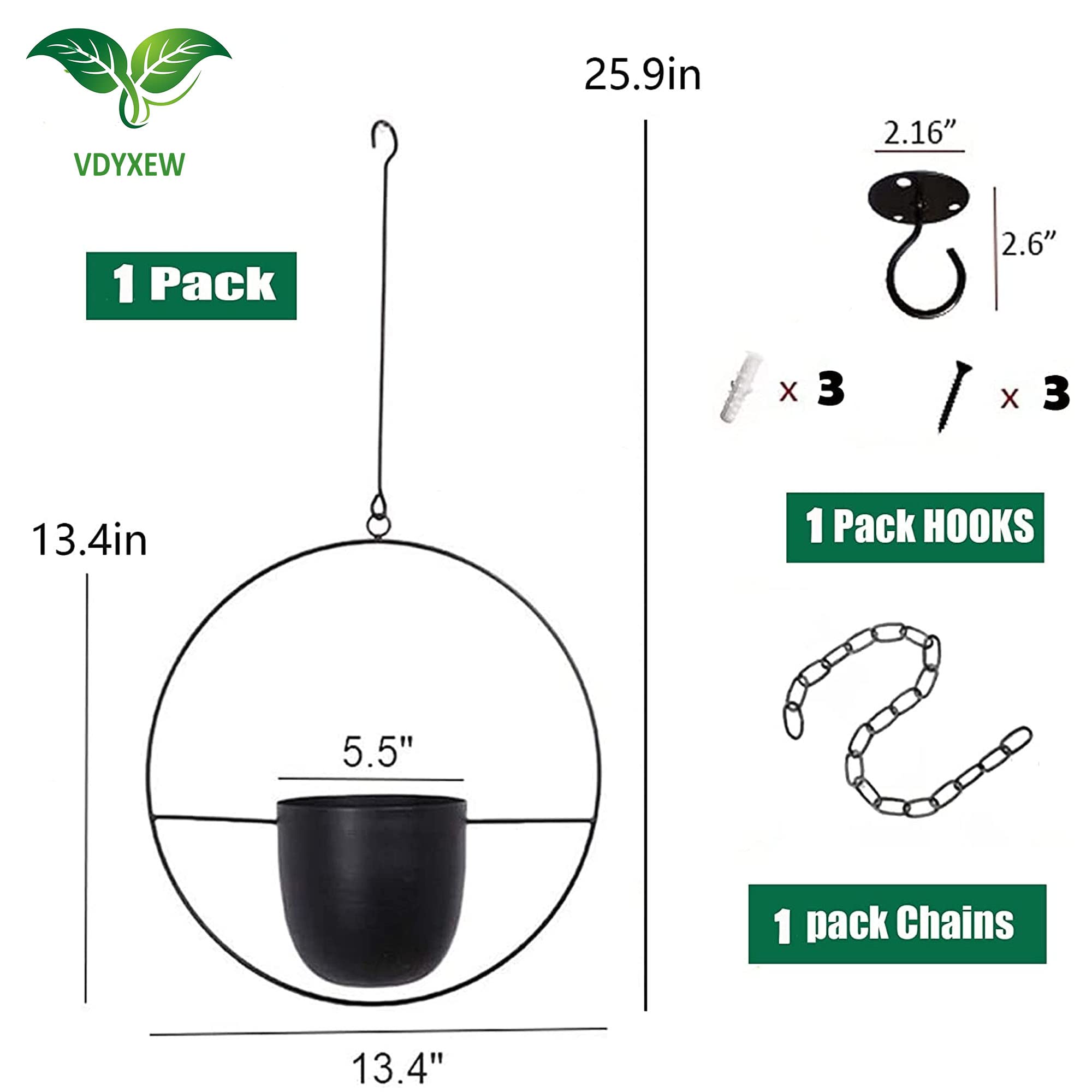 Black metal hanging flower pot with circular frame and small ceramic cup perfect for indoor and outdoor hanging planters